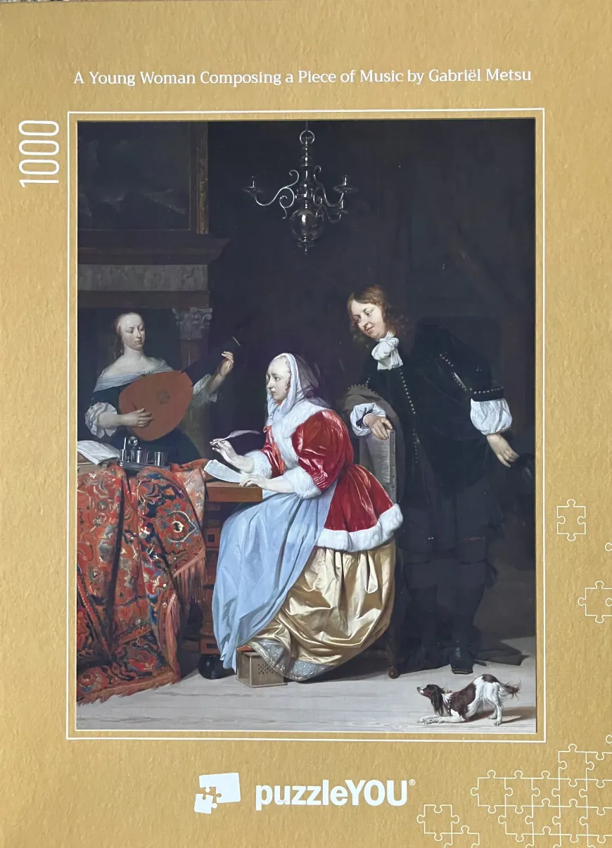Painting titled A Young Woman Composing a Piece of Music showing a woman writing music at a desk with two other people.