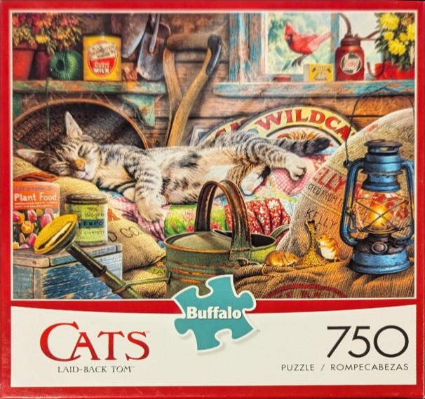 A tabby cat sleeping soundly in a cozy, cluttered potting shed filled with garden tools and vintage containers.