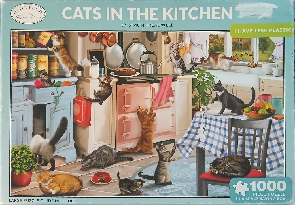 A whimsical illustration of many cats playing in a cluttered, cozy country kitchen.
