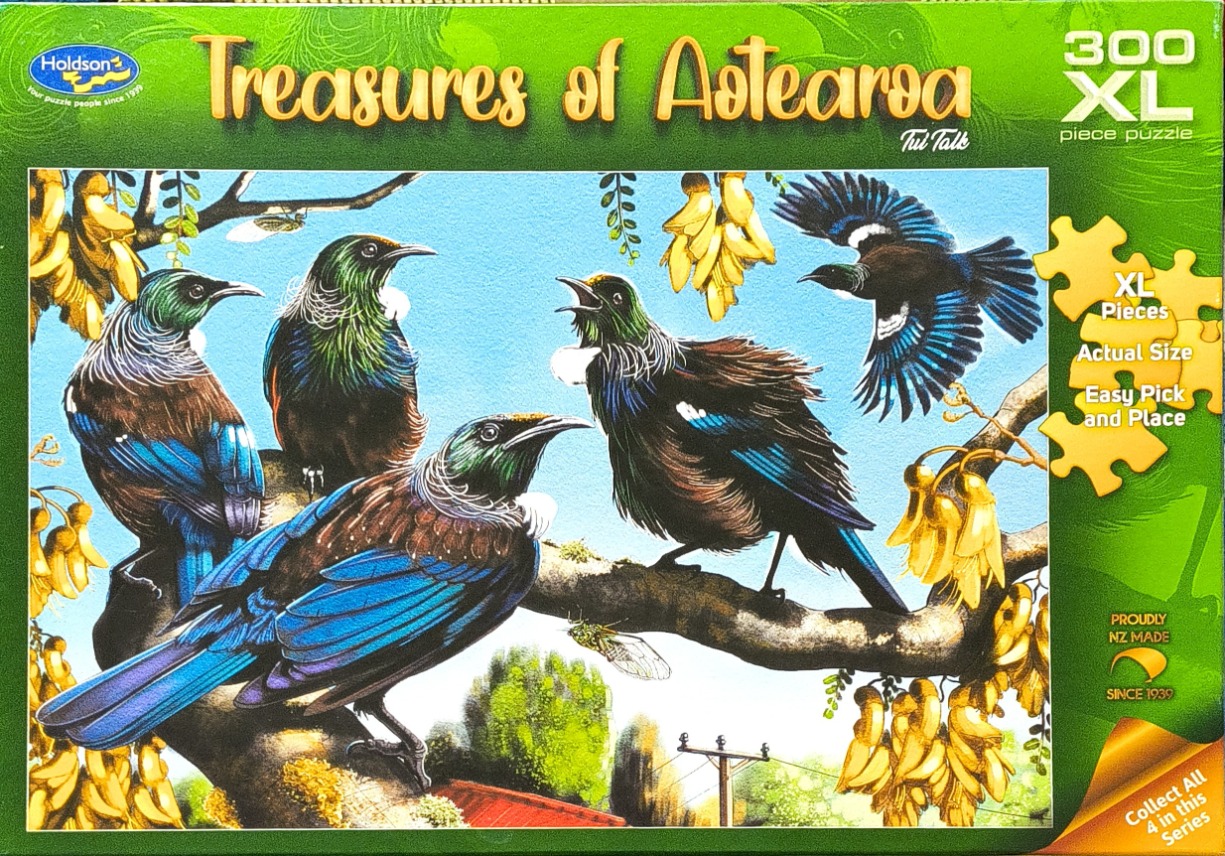Illustration of five tui birds perched among yellow kowhai flowers against a bright blue sky.
