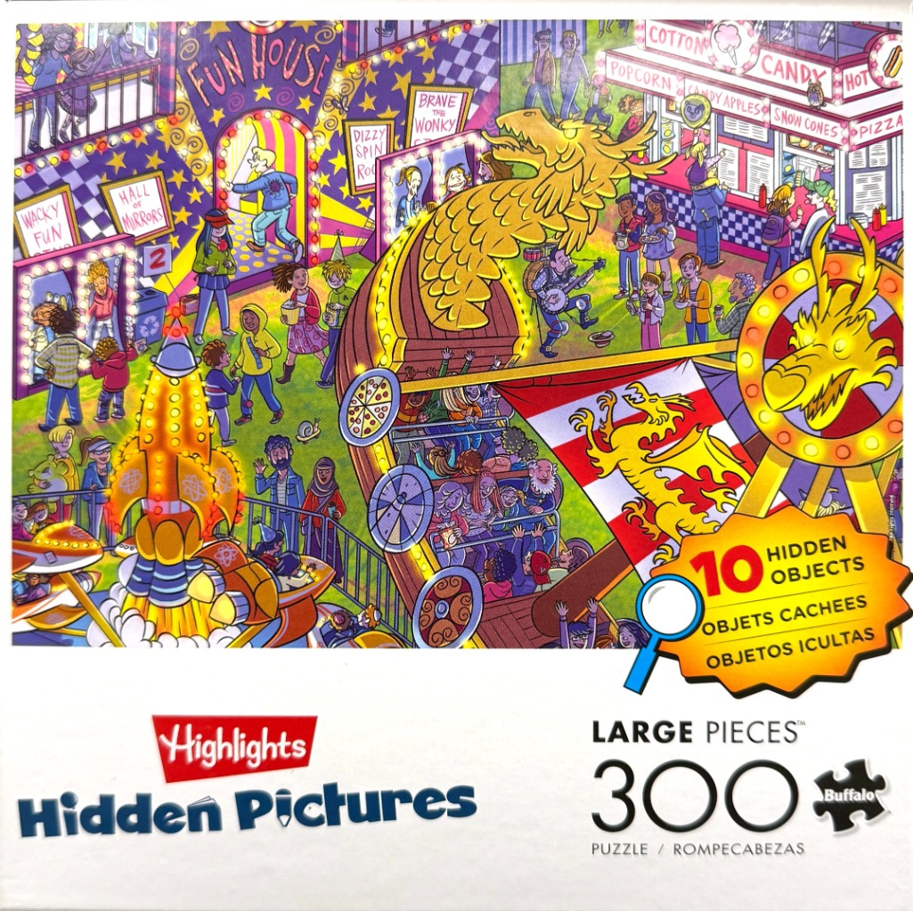 Busy cartoon scene of a colorful carnival with a funhouse, rides, and food stalls.