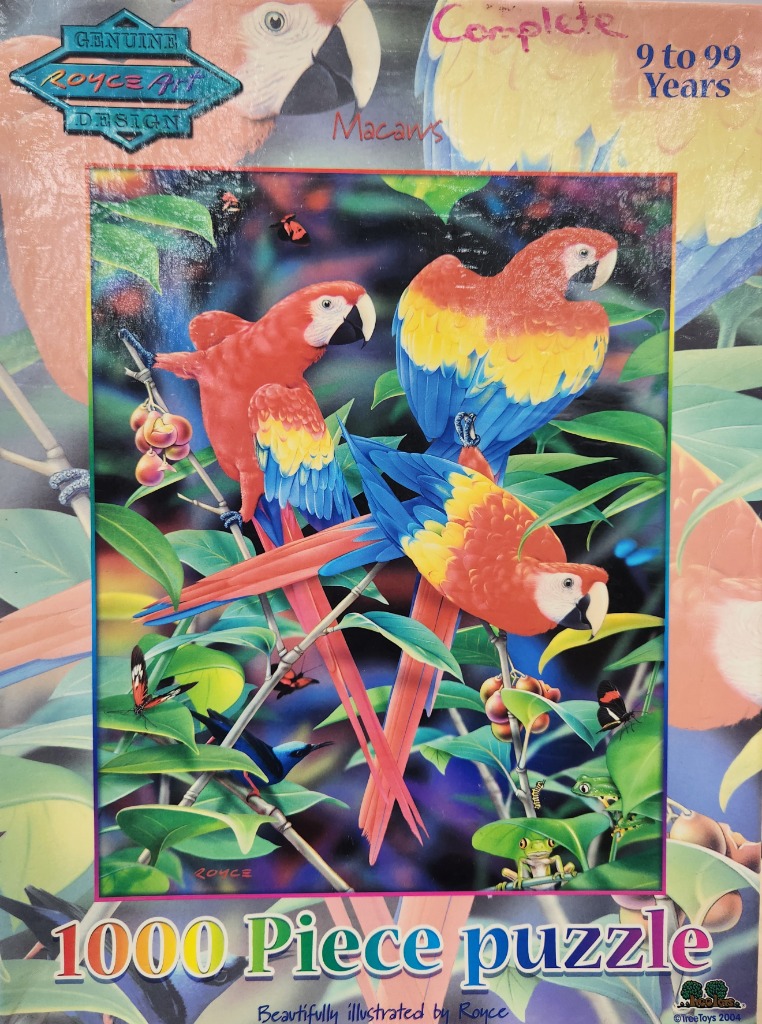 Three brightly colored macaws perched in a lush tropical setting with butterflies and frogs.