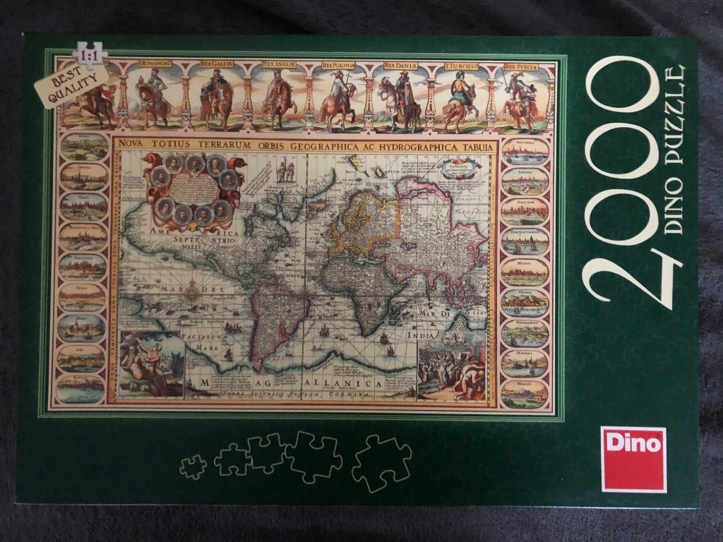 A vintage 17th-century style world map surrounded by historical illustrations of monarchs and cityscapes.