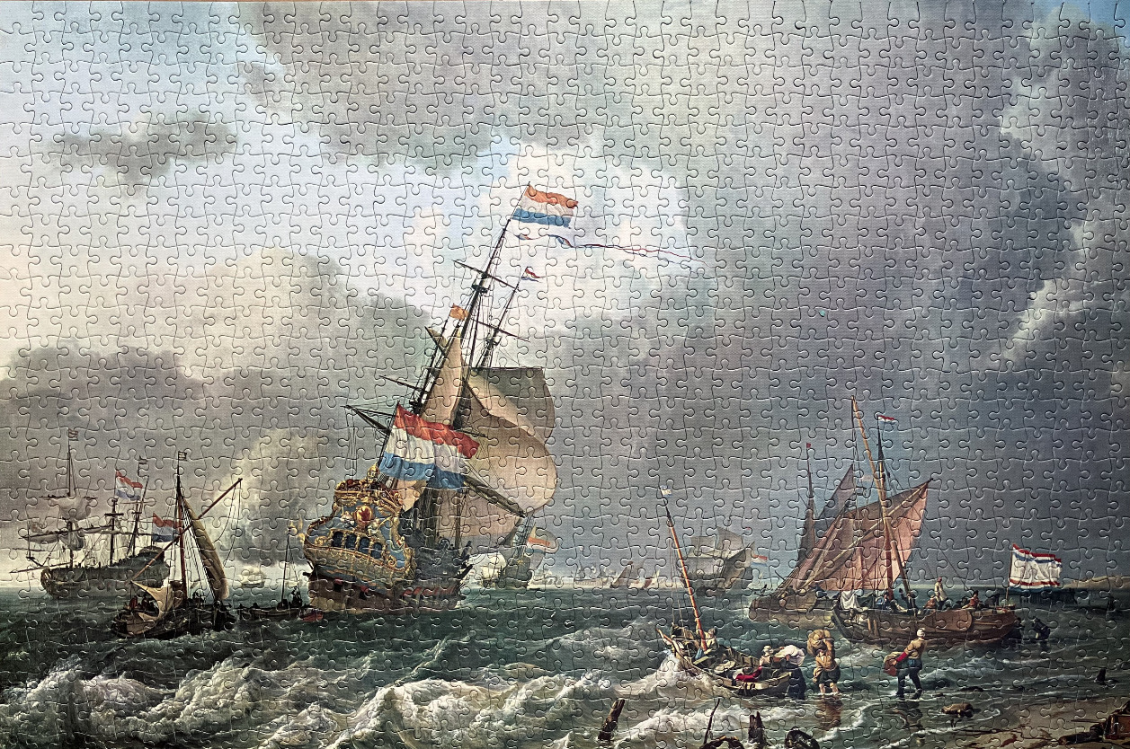 A Dutch Golden Age maritime painting featuring a large man-of-war sailing ship near a rocky shoreline.