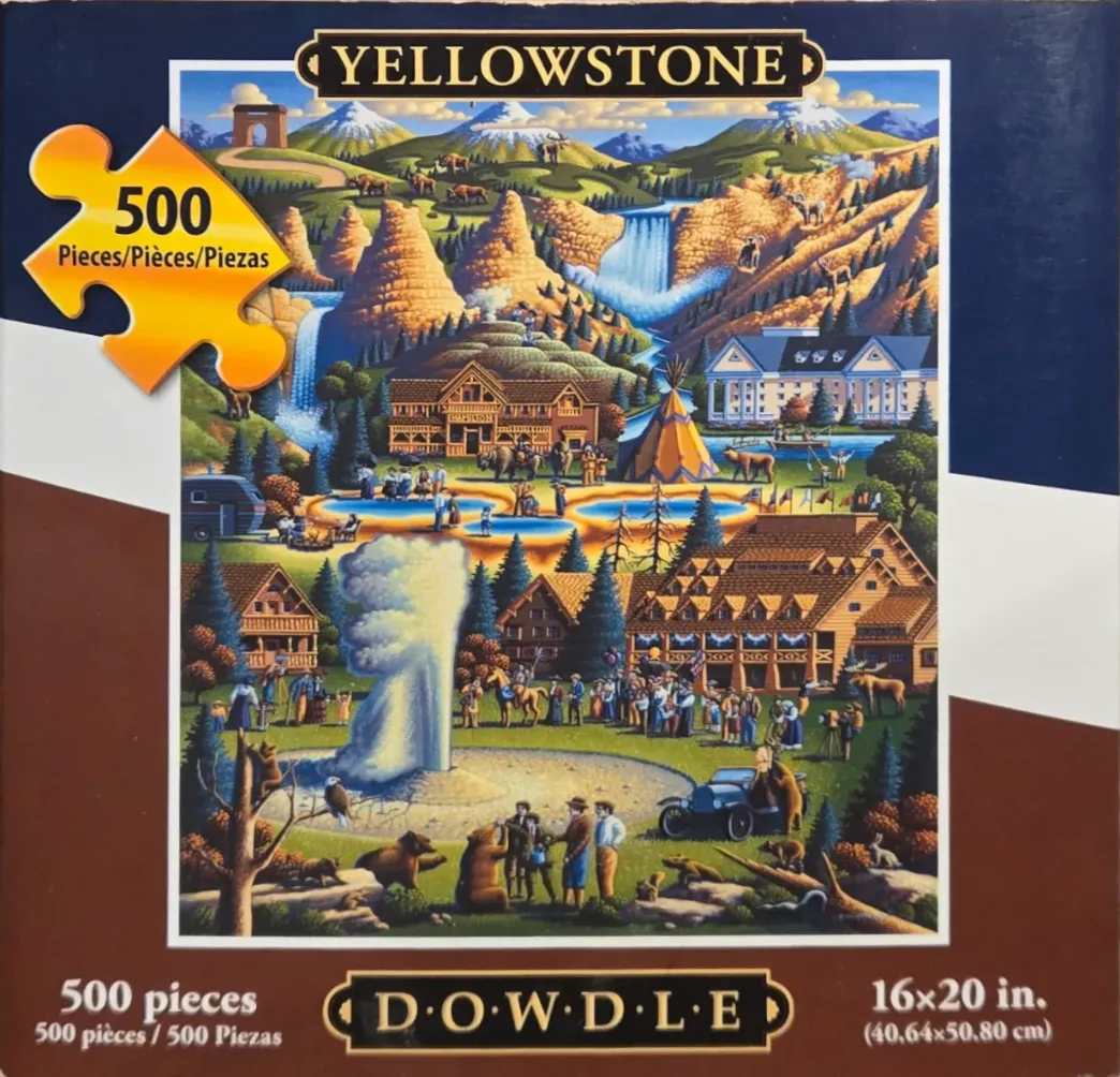 A whimsical folk-art illustration of Yellowstone National Park featuring geysers, wildlife, and lodges.