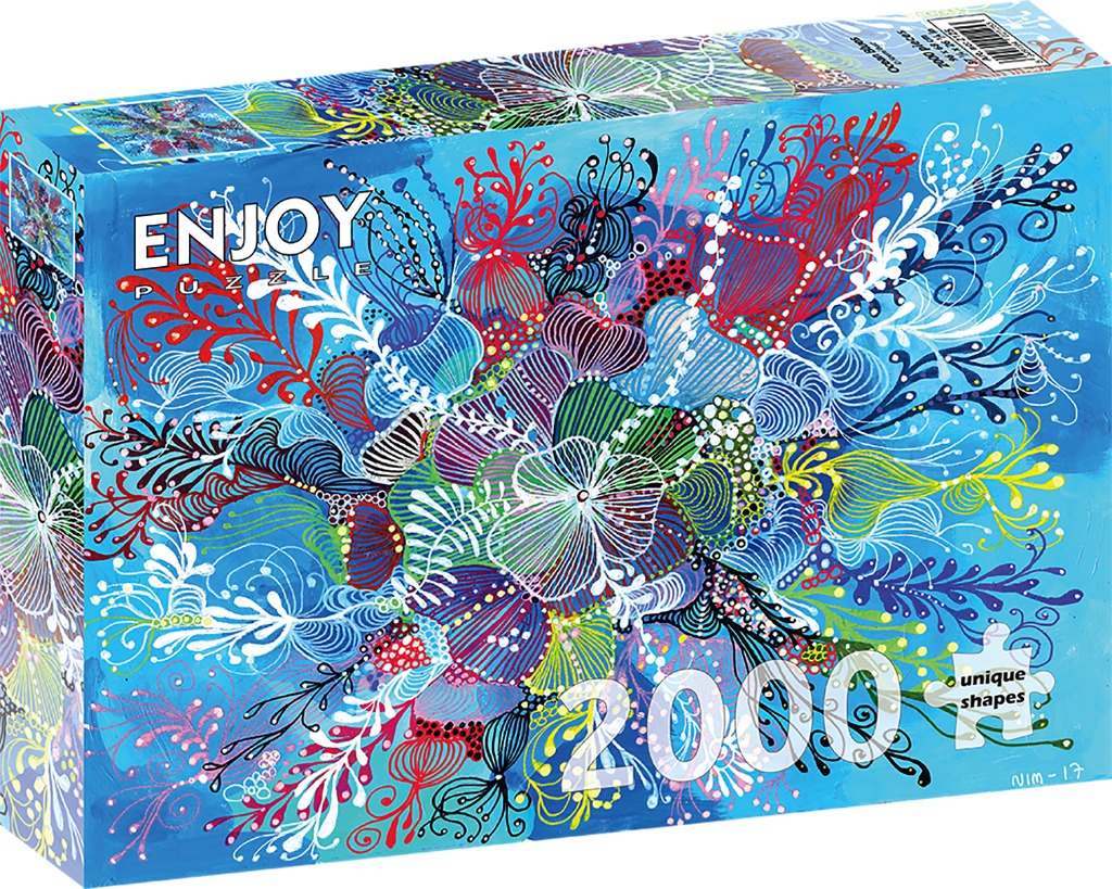 An abstract illustration of vibrant underwater-inspired flora or coral in shades of red, purple, green, and blue.