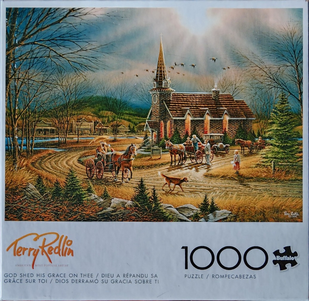An idyllic rural scene featuring a stone church, horse-drawn carriages, and people in a soft, sunlit setting.