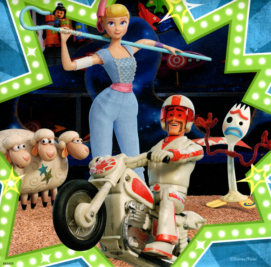 Animated characters posing together, including a shepherdess, a stunt rider on a motorcycle, a flock of sheep, and a spork fi