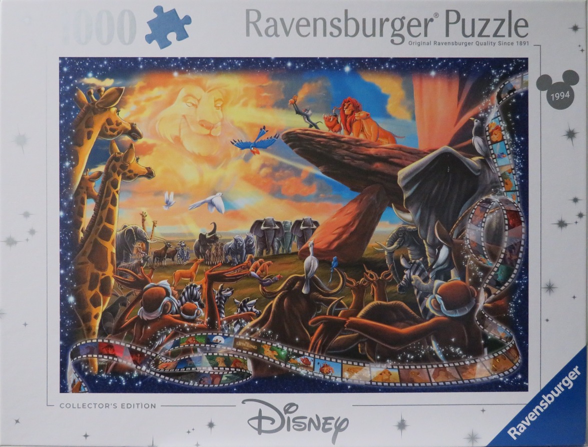 A collage scene from The Lion King featuring African animals, Pride Rock, and film strip motifs.
