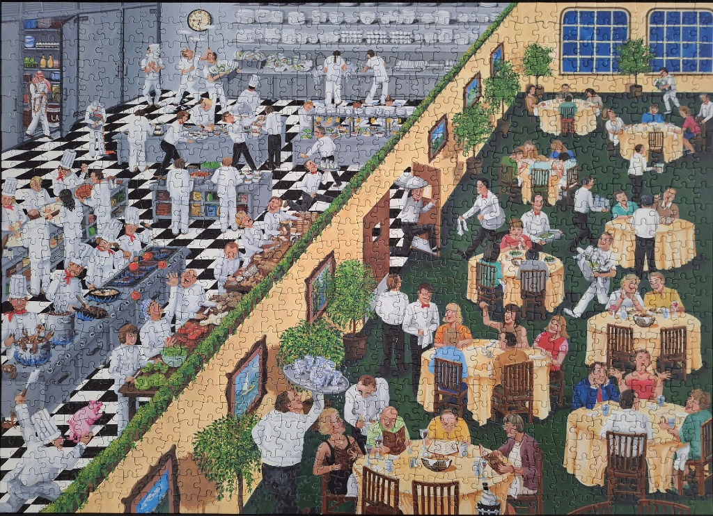 A whimsical split-view illustration of a busy restaurant kitchen and a dining room.
