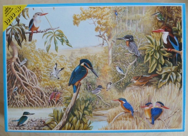 A detailed wildlife illustration featuring numerous kingfishers of various species perched in a riverbank landscape.