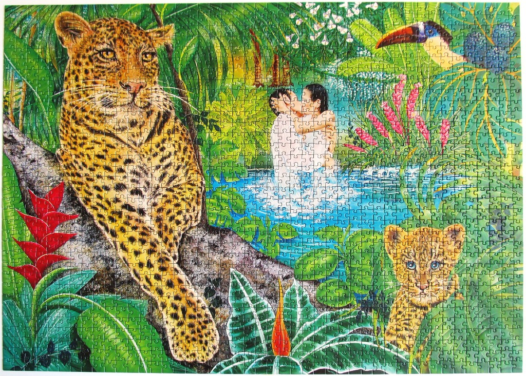 An illustration of a leopard watching a couple embrace in a tropical jungle pond.