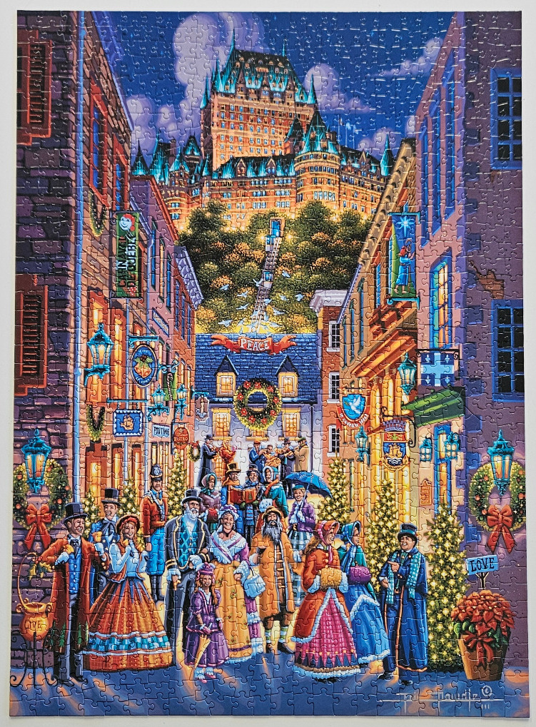 An illustration of a festive crowd in a historic European-style street leading up to the Château Frontenac at night.