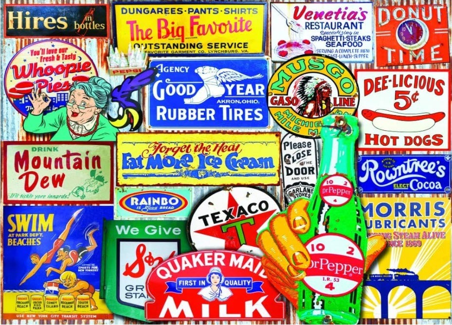 A collage of vintage-style advertising signs and logos with bold typography and nostalgic illustrations.