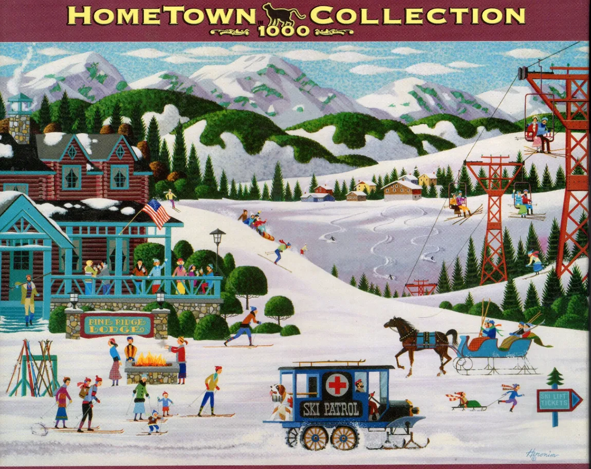 A whimsical folk-art style illustration of a busy winter ski resort scene at Pine Ridge Lodge.