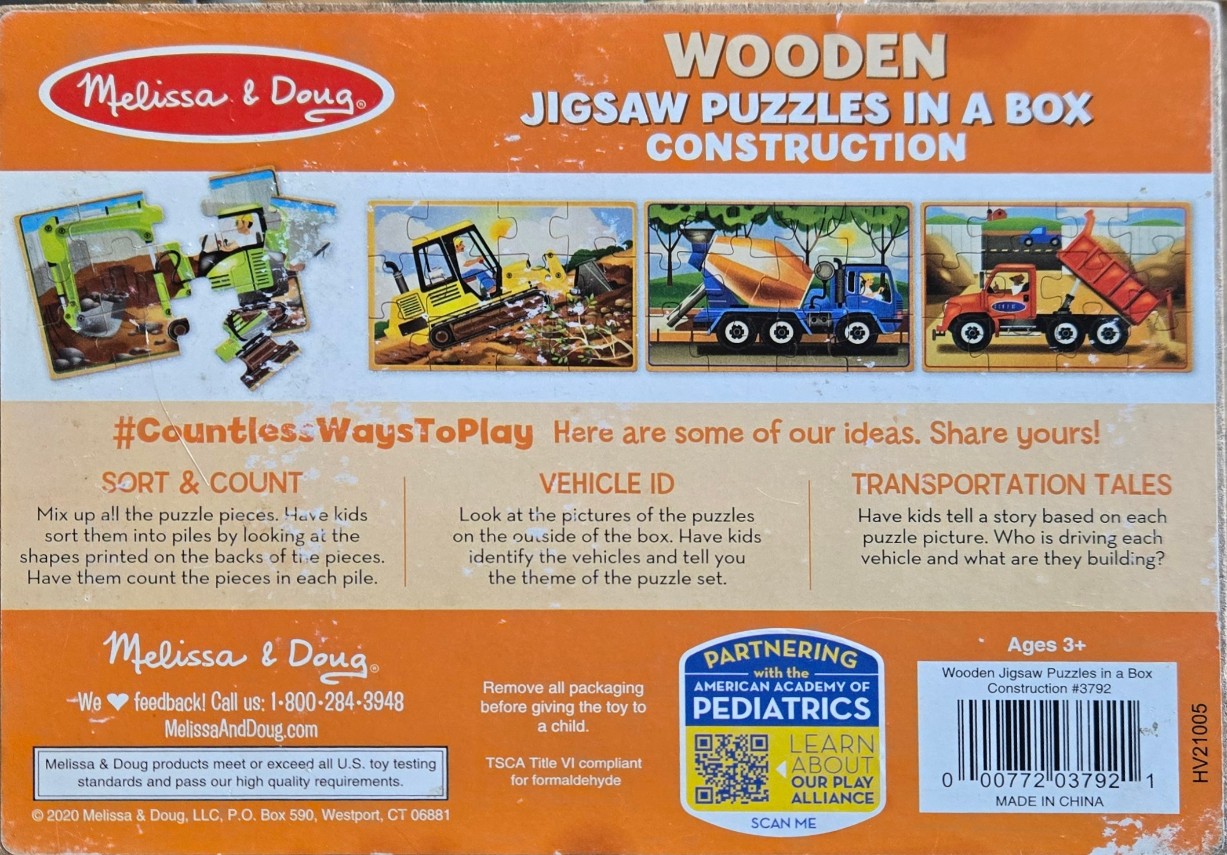 Illustrations of four different construction vehicles: a green excavator, yellow bulldozer, cement mixer, and dump truck.