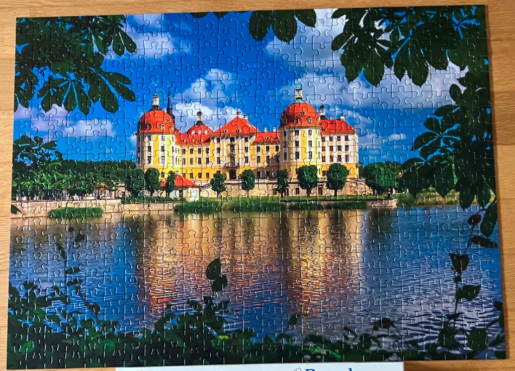 Moritzburg Castle reflected in a pond framed by foreground tree leaves