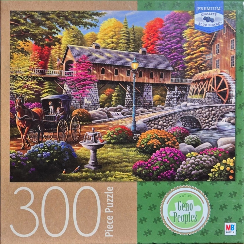 A horse-drawn carriage sits before a covered bridge with a water wheel in an autumn landscape.
