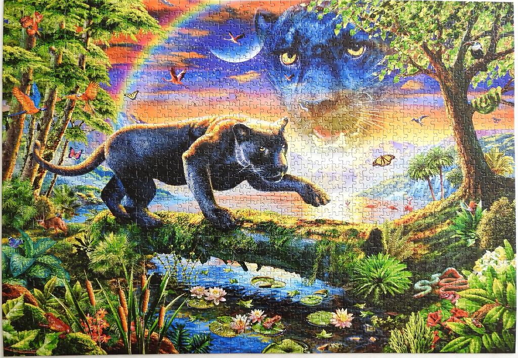 A black panther prowls along a fallen log in a vibrant, surreal tropical jungle scene.