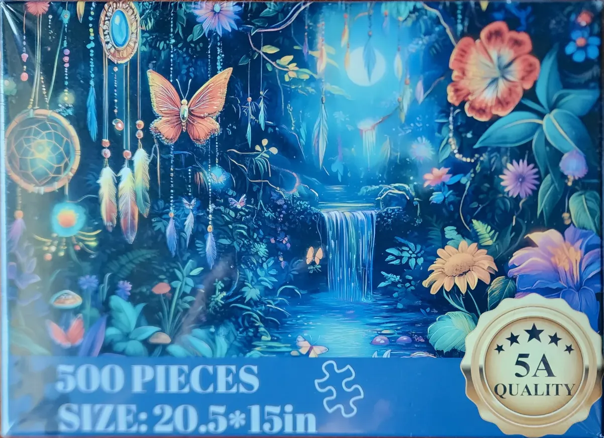 Fantasy illustration of a moonlit forest stream with dreamcatchers and butterflies.