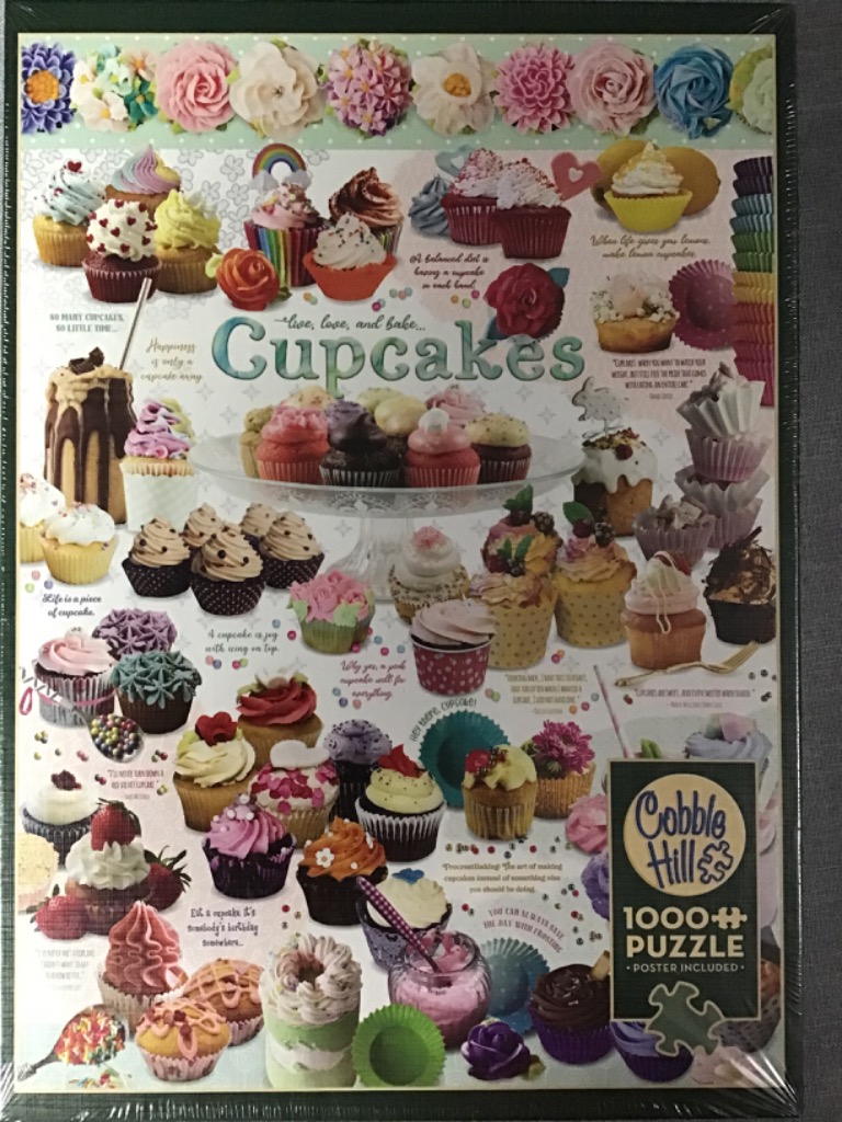 Collage of various decorated cupcakes with quotes and a floral border