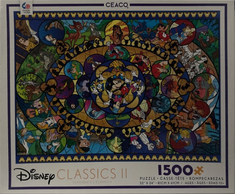 A stained-glass style mosaic featuring various Disney animated characters arranged in circular vignettes.