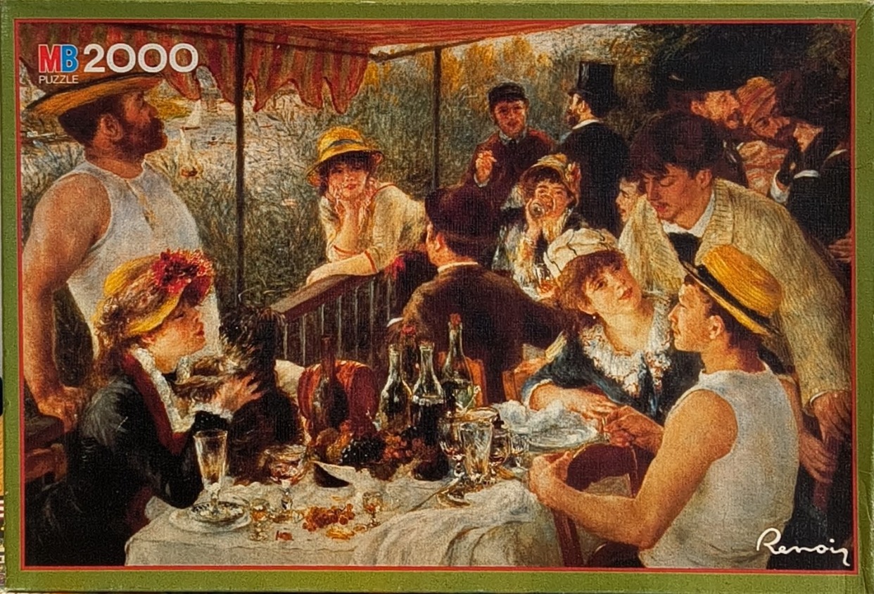 Impressionist painting of a lively luncheon with a group of men and women gathered at a table outdoors.