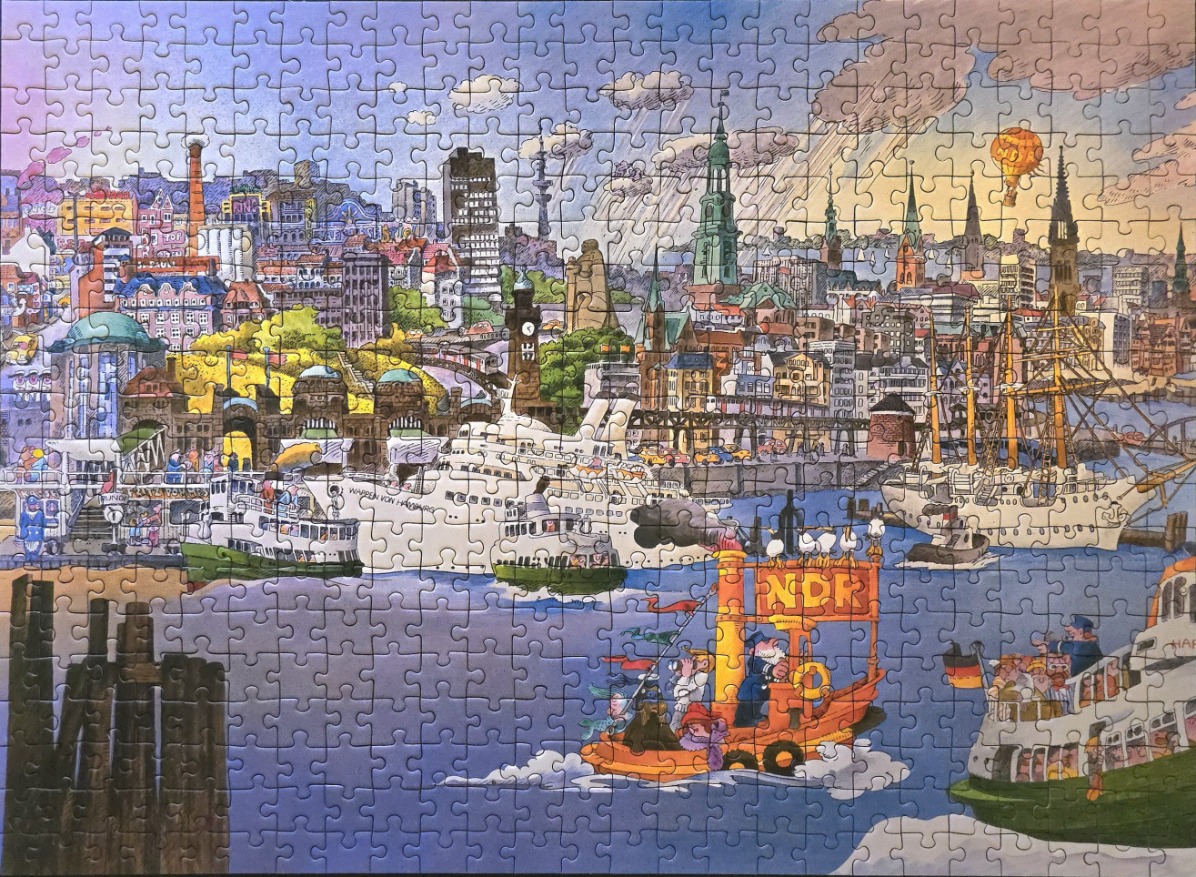 Cartoon illustration of Hamburg waterfront with ships, buildings, and a cloudy sky.