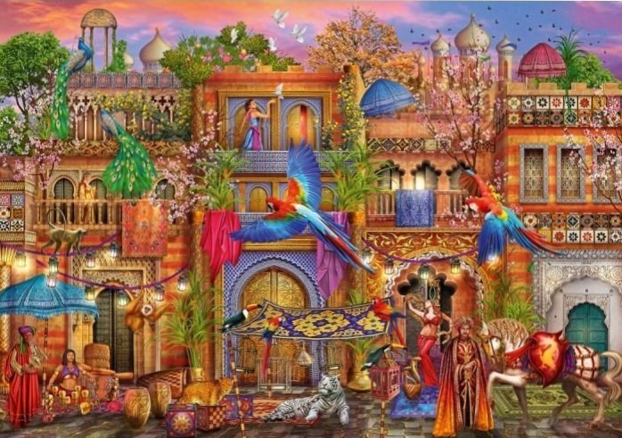 A vibrant scene of an ornate palace courtyard filled with exotic animals and people in traditional attire.