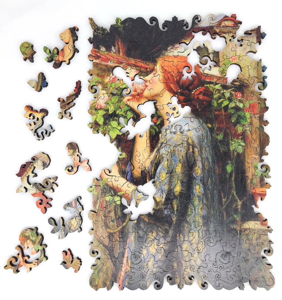 A painting of a red-haired woman smelling a rose in a lush garden setting.