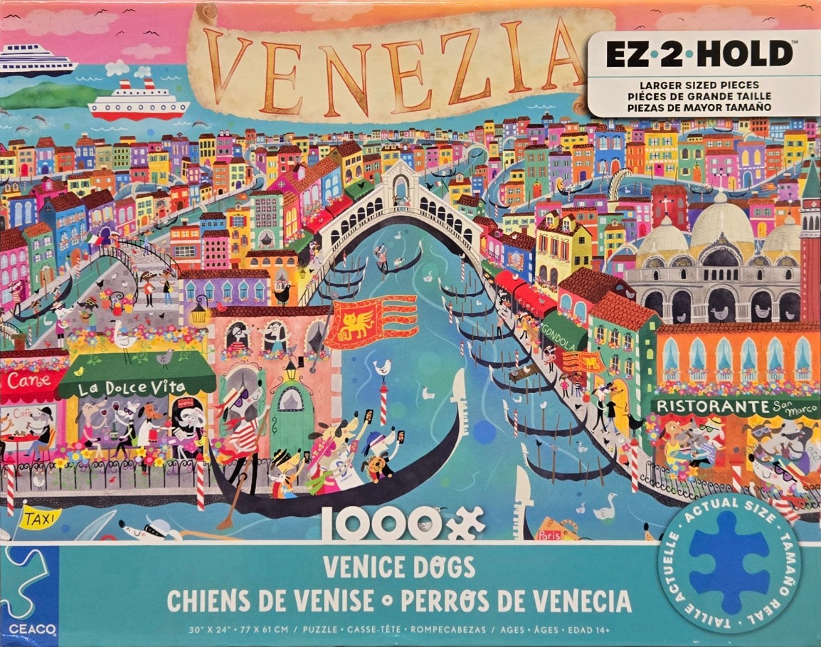 A whimsical illustration of Venice filled with anthropomorphic dogs in gondolas, cafes, and city streets.