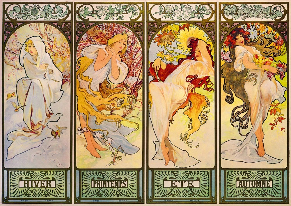 An Art Nouveau illustration featuring four panels representing the four seasons: Winter, Spring, Summer, and Autumn.