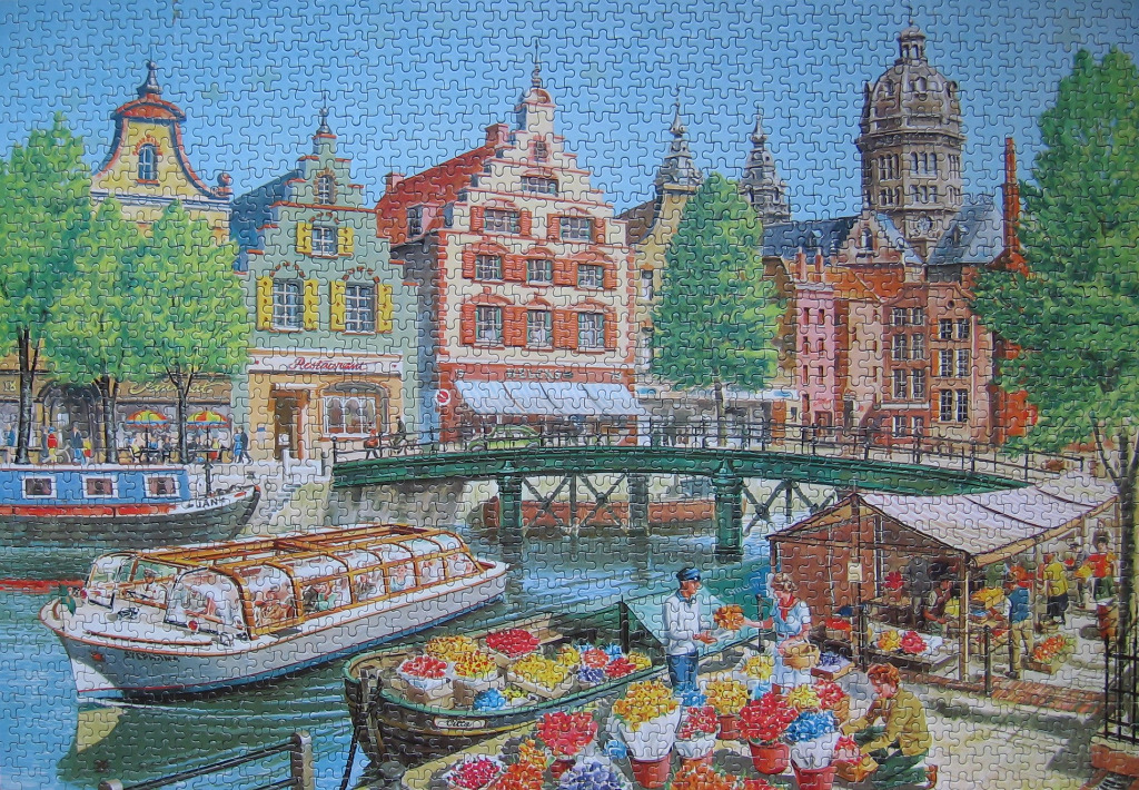 An illustration of an Amsterdam canal scene with colorful houses, a bridge, and a floating flower market.