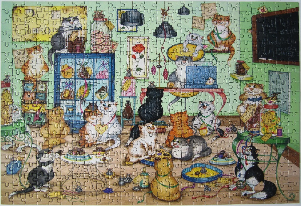 A whimsical illustration of many cats gathered in a chocolate shop filled with jars and treats.
