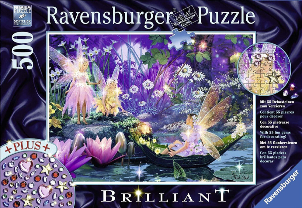 A fantasy illustration of three fairies in a glowing, purple-hued enchanted forest pond scene.