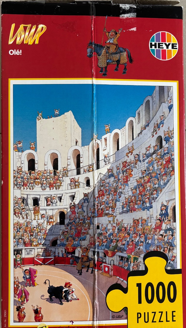A cartoon illustration of a bustling bullfighting arena crowded with spectators and a matador in the ring.