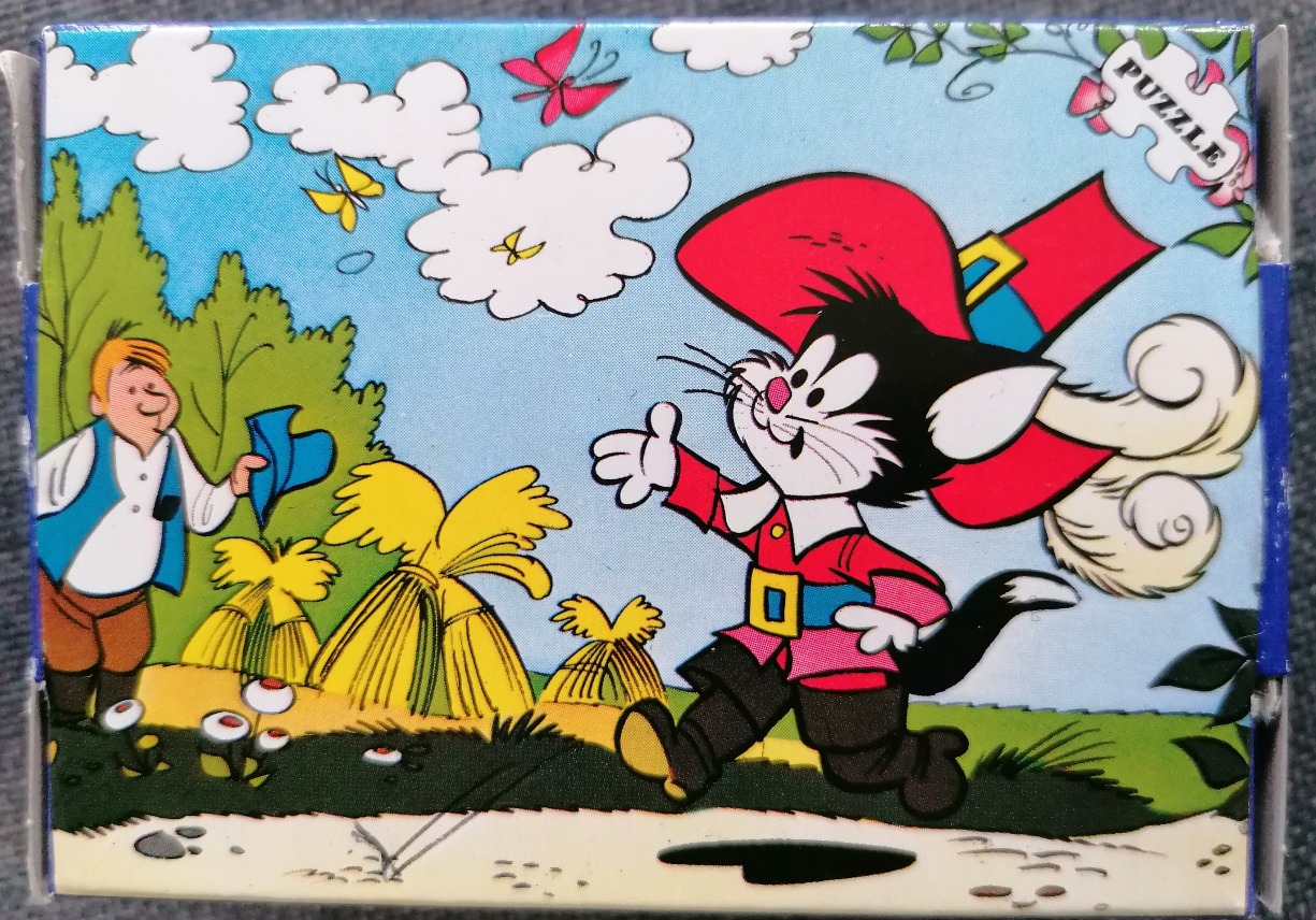Cartoon illustration of Puss in Boots walking through a field toward a peasant in the background.