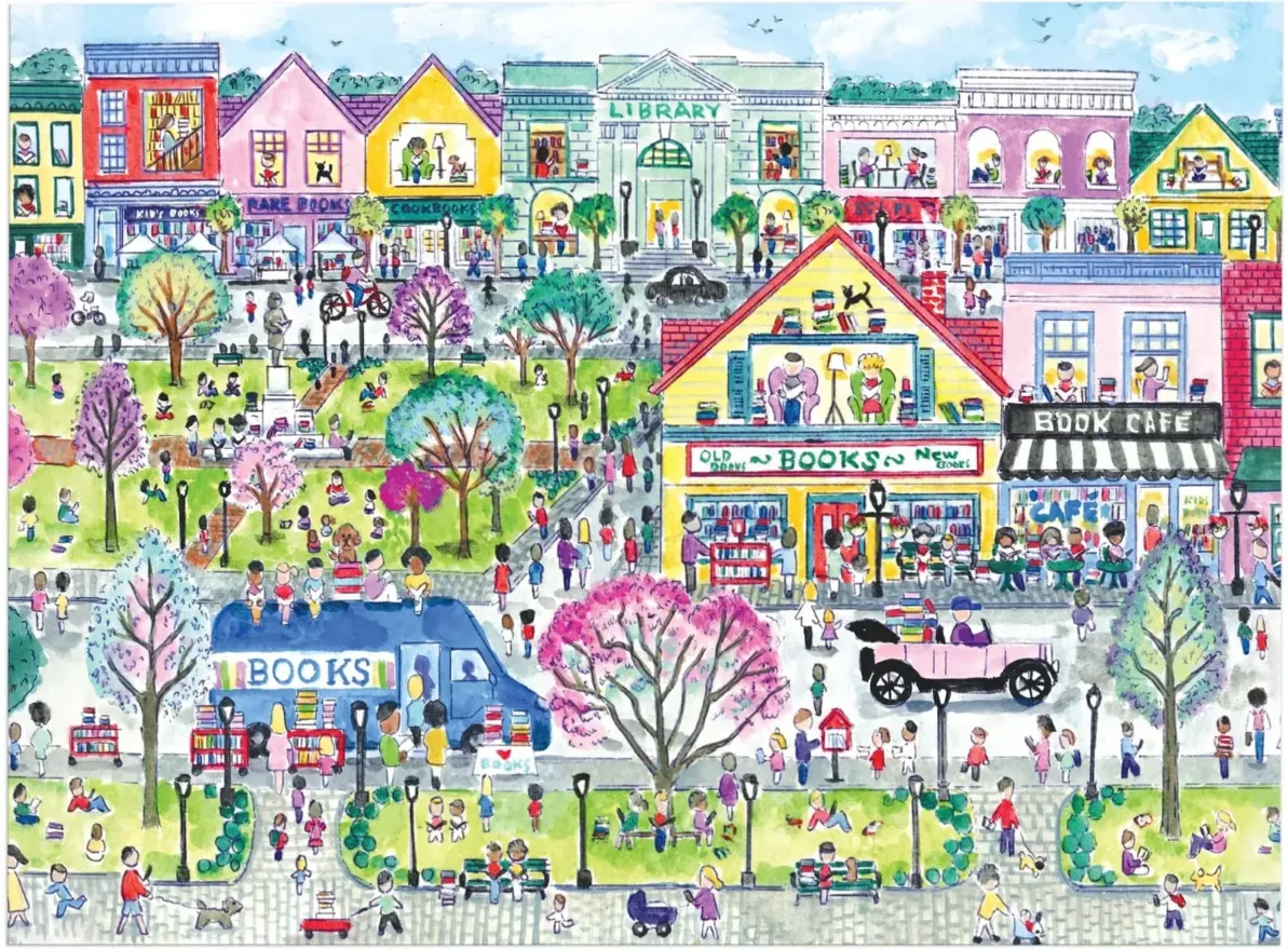 A bustling town square featuring a library, various bookshops, a book-mobile, and many people enjoying reading in a park.