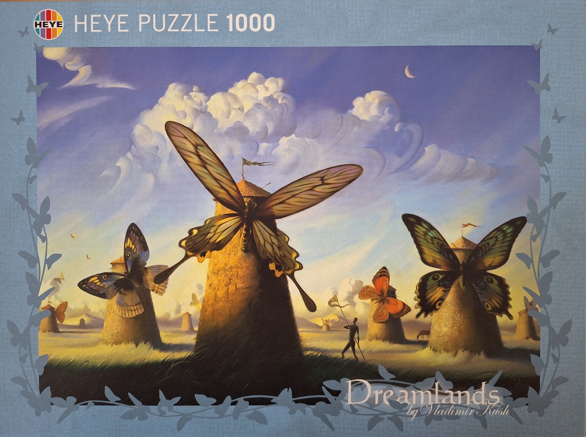 Surrealist oil painting of windmills with butterfly wings in a golden landscape under a blue sky.