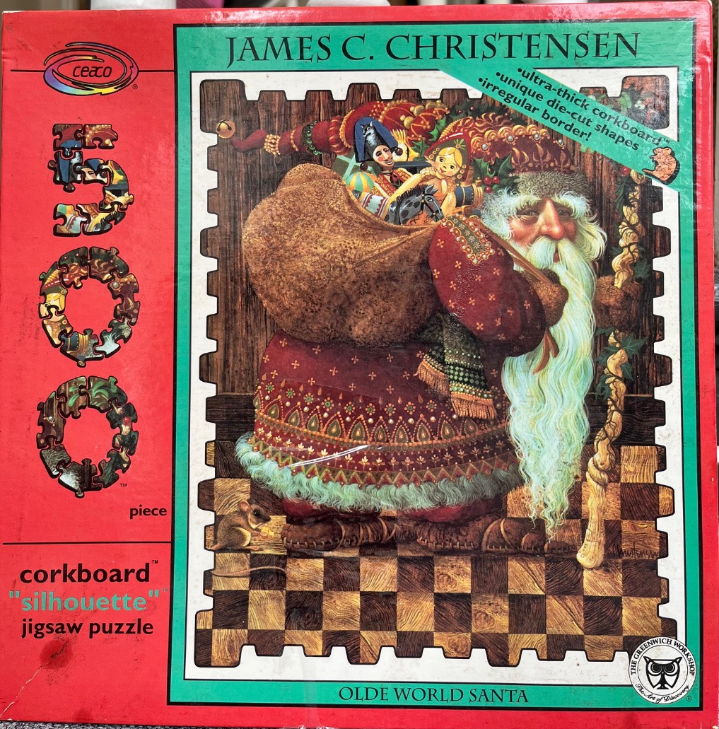 An illustration of an old-world Santa Claus carrying a large sack of toys.