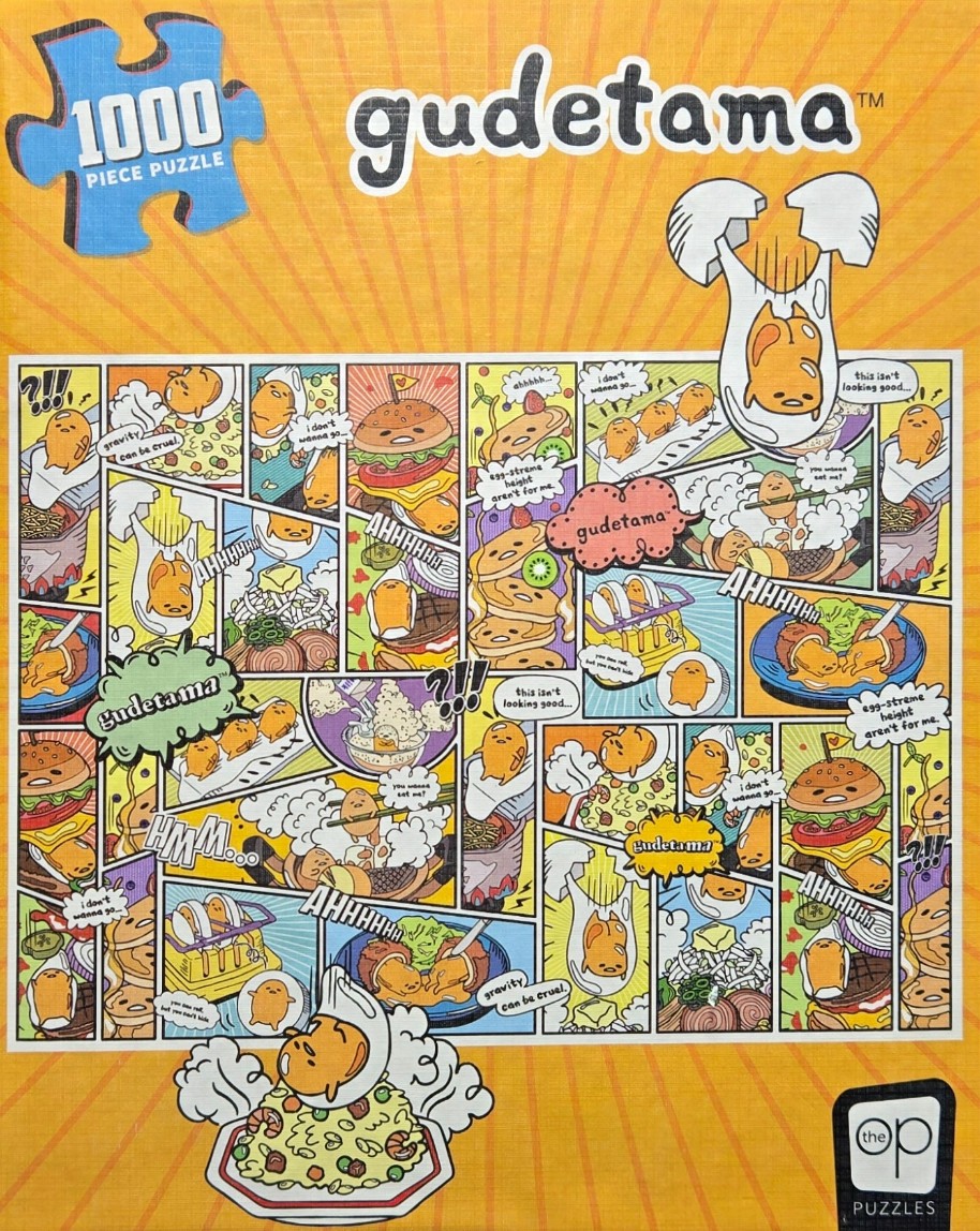 A collage of comic book panels featuring Gudetama the lazy egg in various food-themed situations.