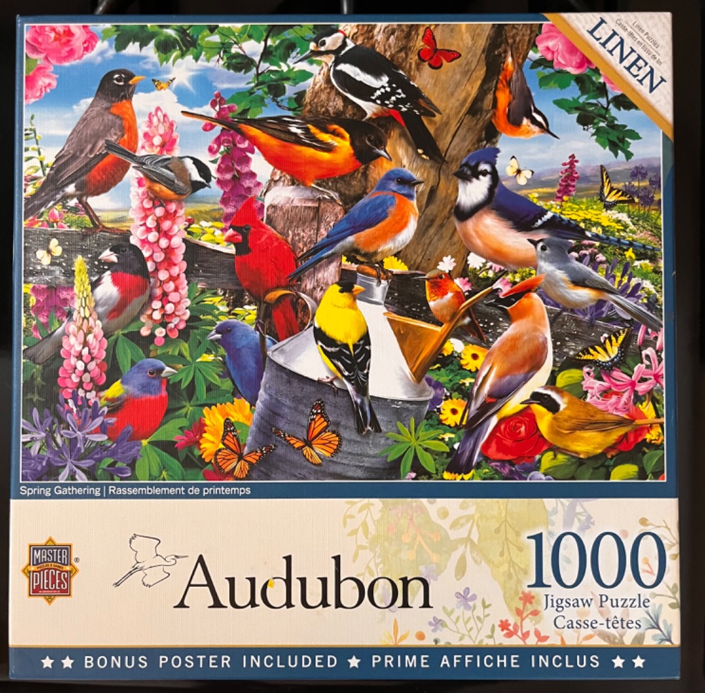 A lush garden scene filled with diverse songbirds, butterflies, and colorful spring flowers.