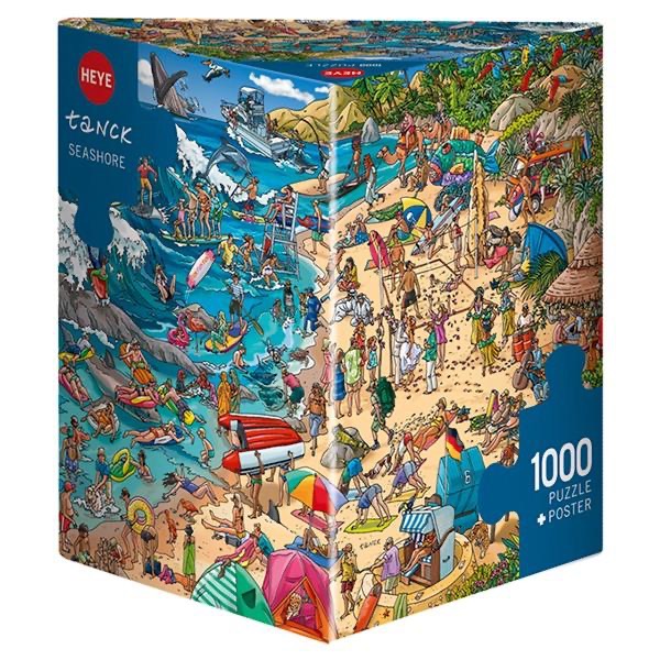 Busy cartoon illustration of a chaotic, crowded tropical beach scene with tourists, ocean activities, and wildlife.