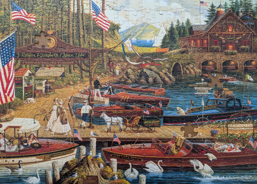 A nostalgic lakeside boat dock scene with vintage motorboats, American flags, and a rustic inn.