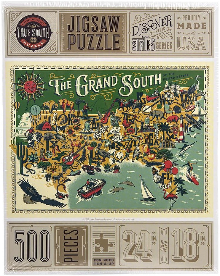 An illustrated map of the southern United States featuring iconic cultural, animal, and landscape symbols.
