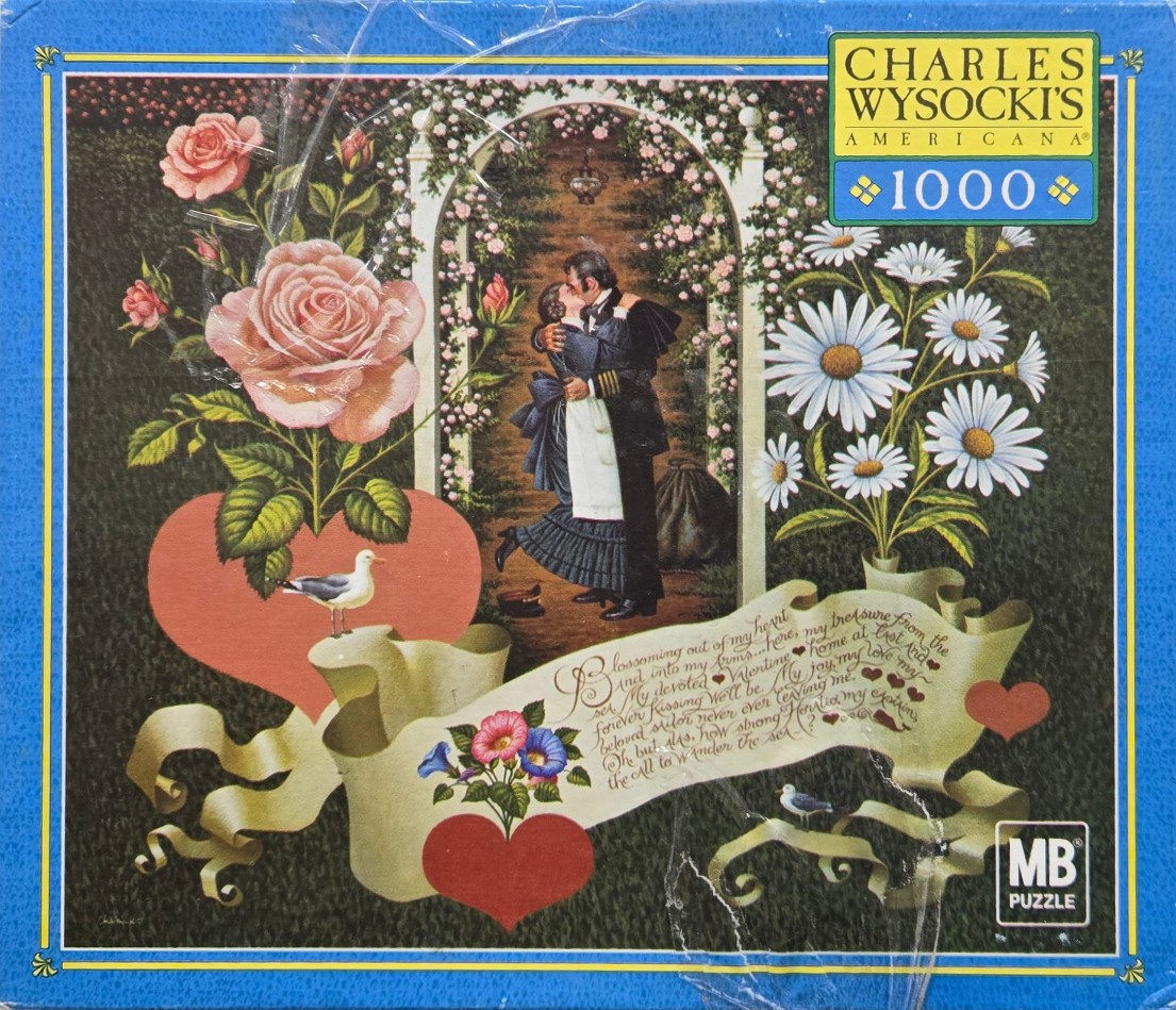 Romantic illustration of a couple kissing under a floral trellis with roses, daisies, and a love letter ribbon.