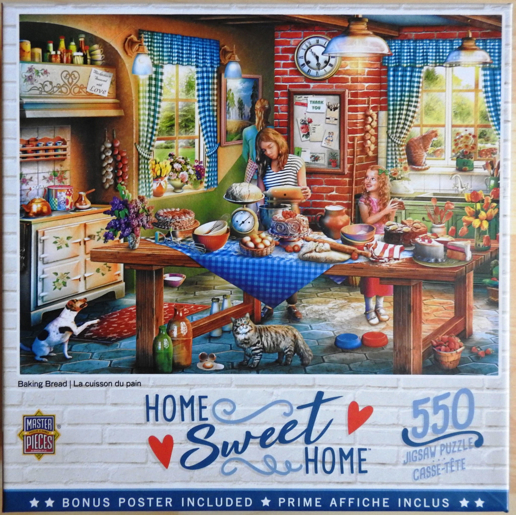 A warm, cozy kitchen scene showing a woman and girl baking at a large wooden table, surrounded by pets and food.