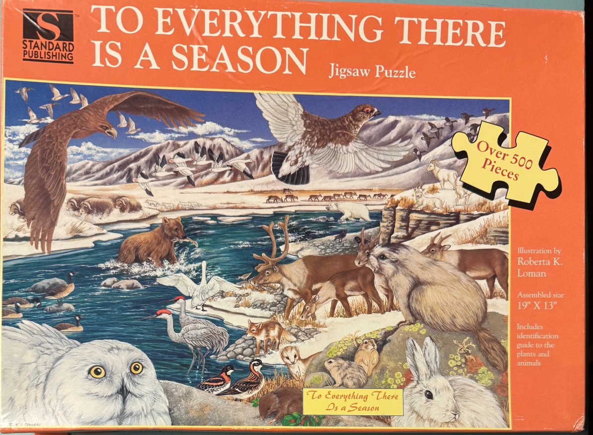 A detailed illustration of diverse North American wildlife in a winter landscape with mountains and a river.