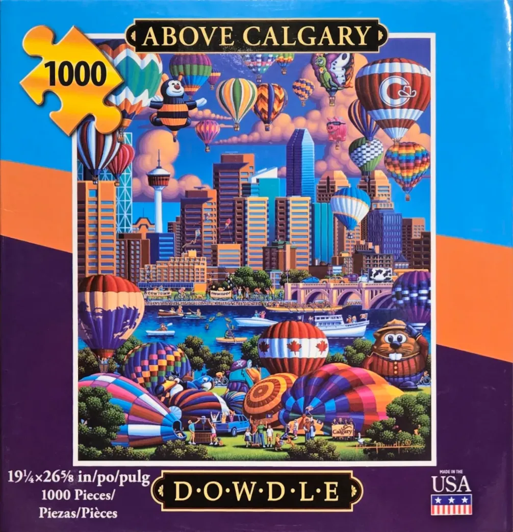 Vibrant folk art illustration of the Calgary skyline filled with colorful hot air balloons.