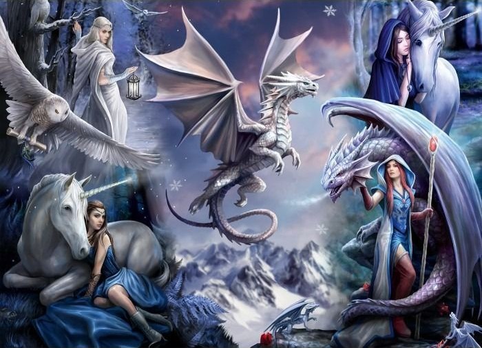 Fantasy scene featuring two unicorns, a central white dragon, and two women in cloaks in a snowy mountain landscape.